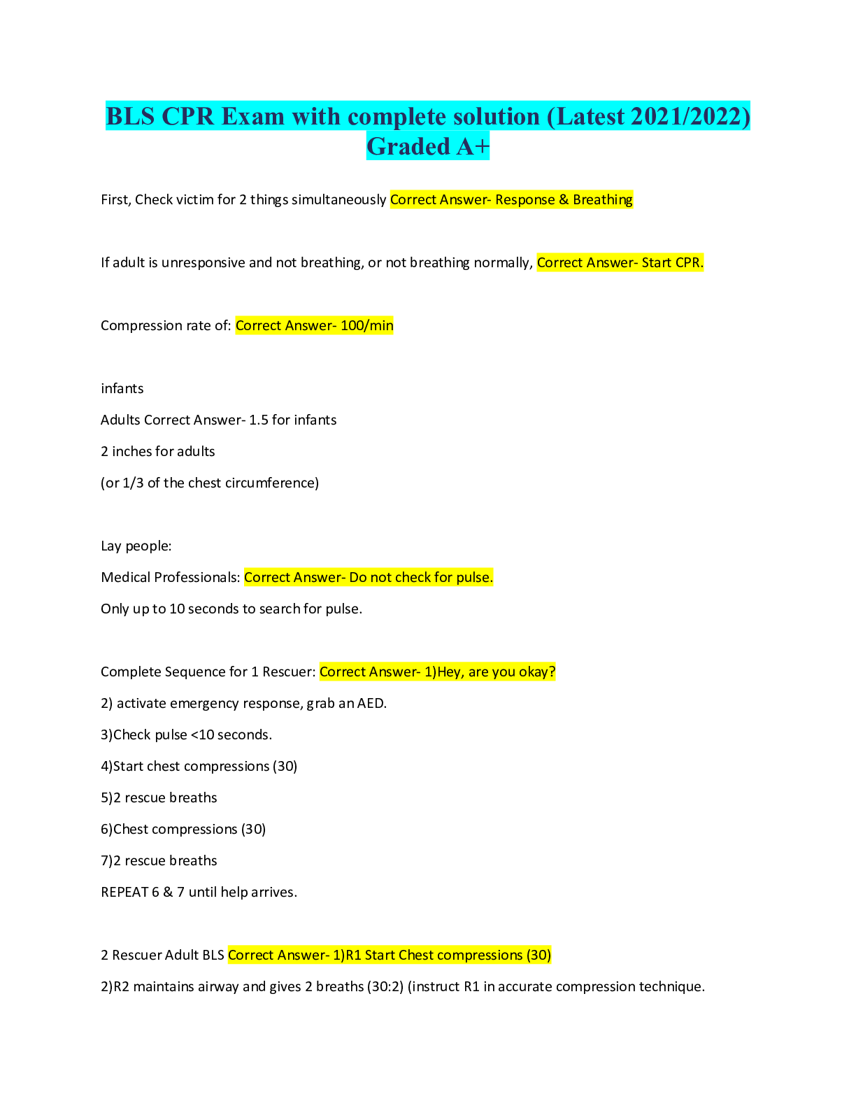 Preview image for BLS CPR Exam with complete solution (Latest 2021/2022) Graded A+